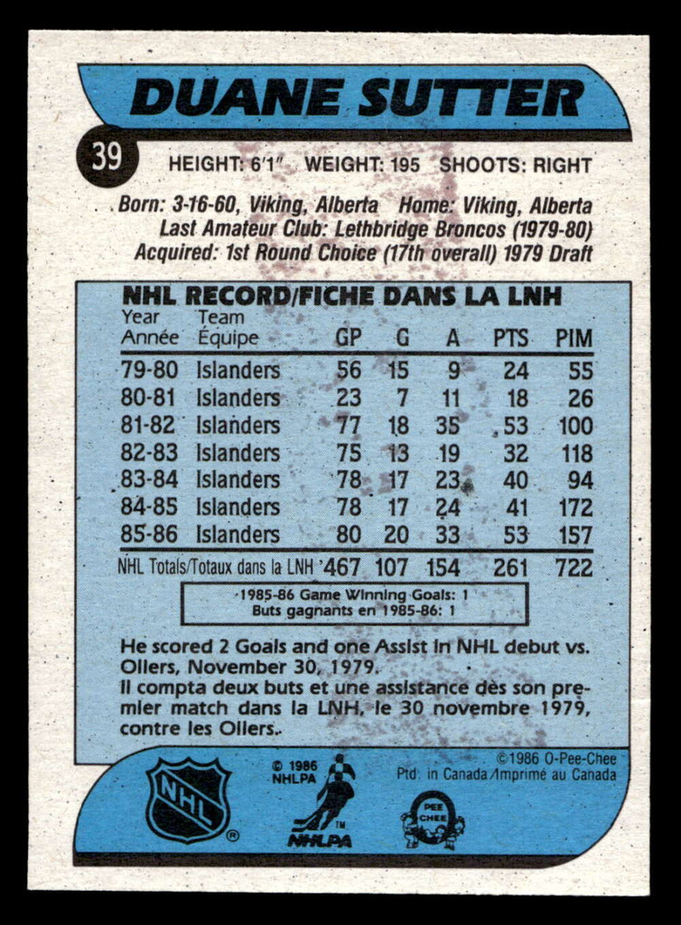 1986-87 O-Pee-Chee #39 Duane Sutter Ex-Mint OPC 