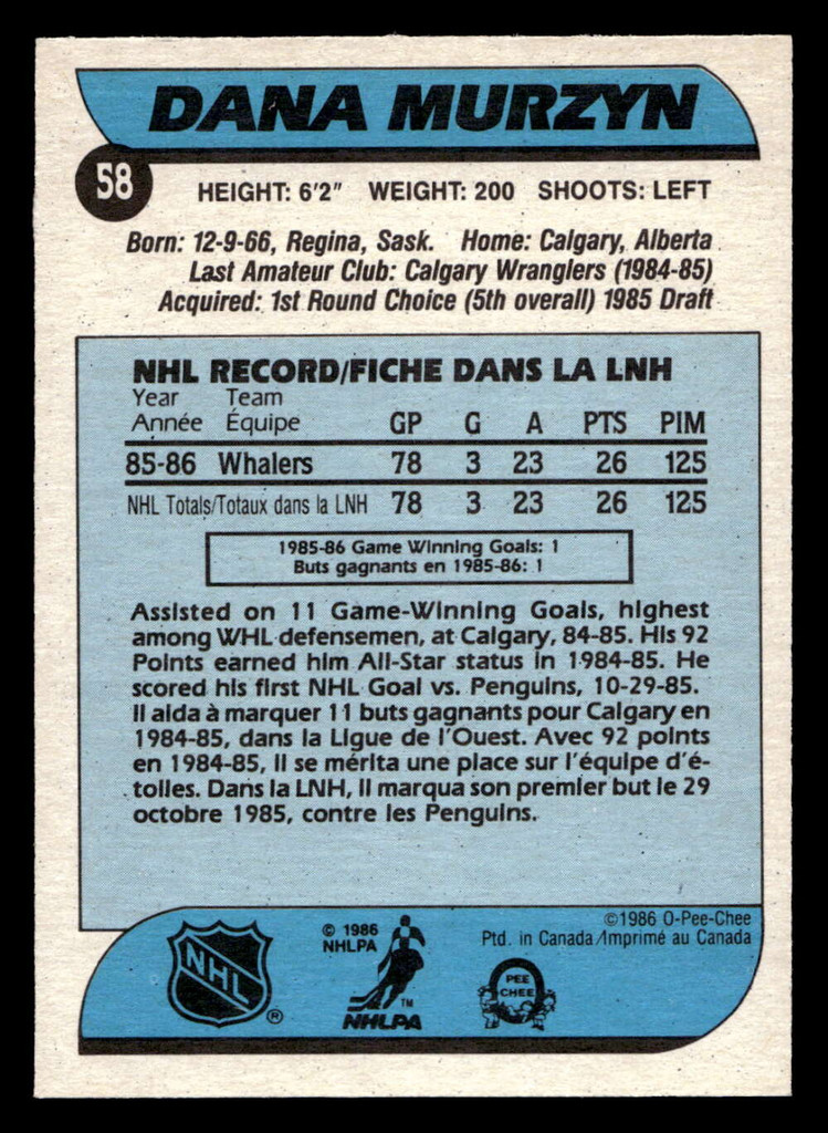 1986-87 O-Pee-Chee #58 Dana Murzyn Near Mint+ RC Rookie OPC 