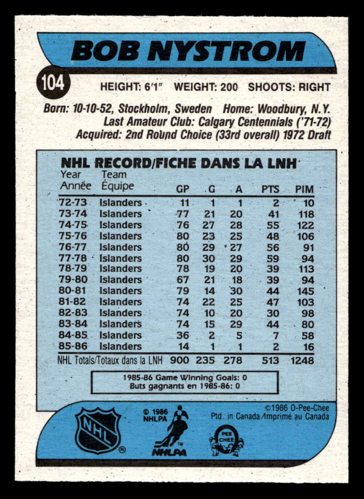 1986-87 O-Pee-Chee #104 Bob Nystrom Near Mint OPC 