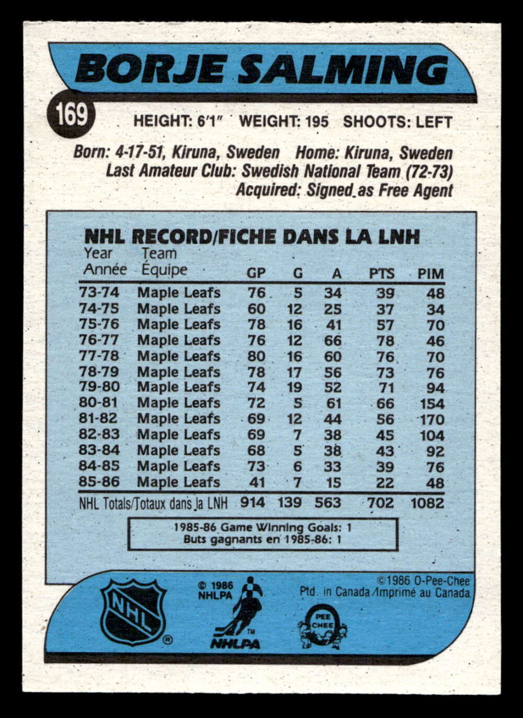 1986-87 O-Pee-Chee #169 Borje Salming Near Mint OPC 