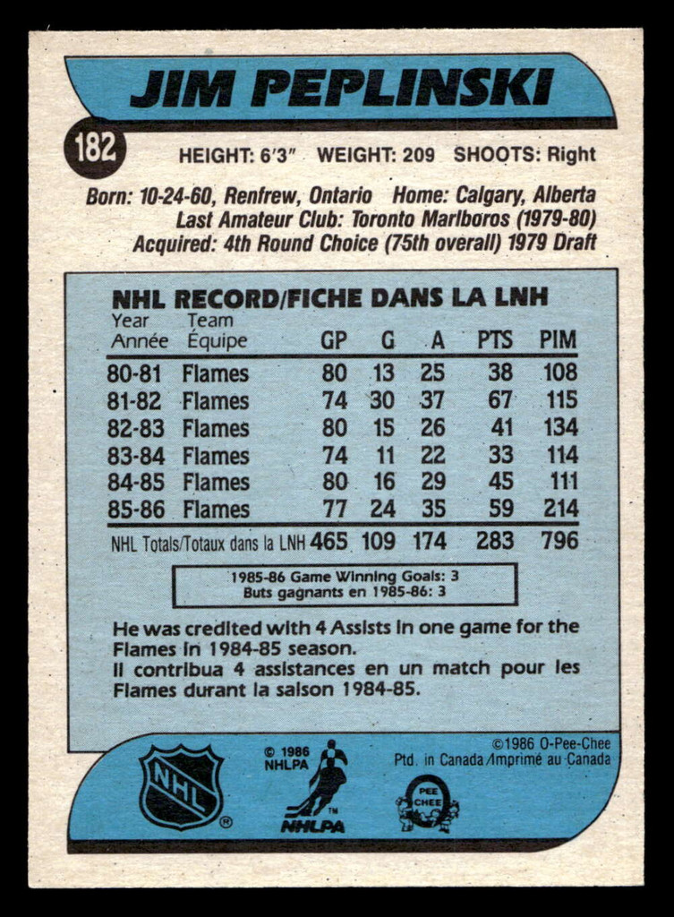 1986-87 O-Pee-Chee #182 Jim Peplinski Near Mint OPC 