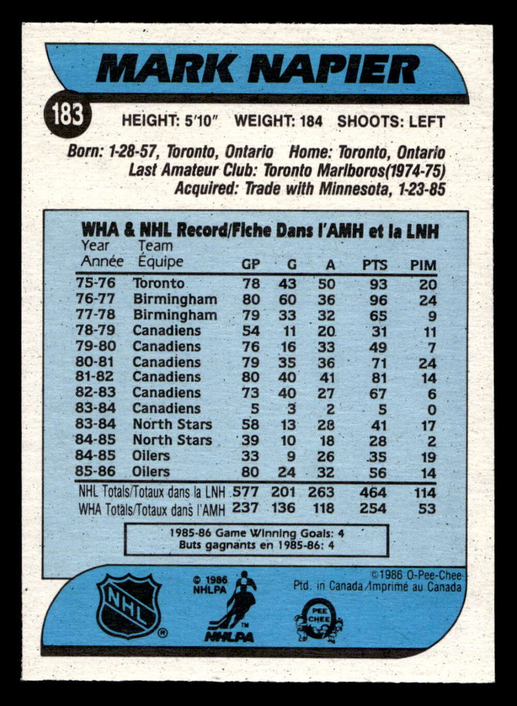 1986-87 O-Pee-Chee #183 Mark Napier Near Mint+ OPC 
