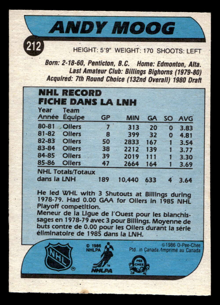 1986-87 O-Pee-Chee #212 Andy Moog Near Mint OPC 