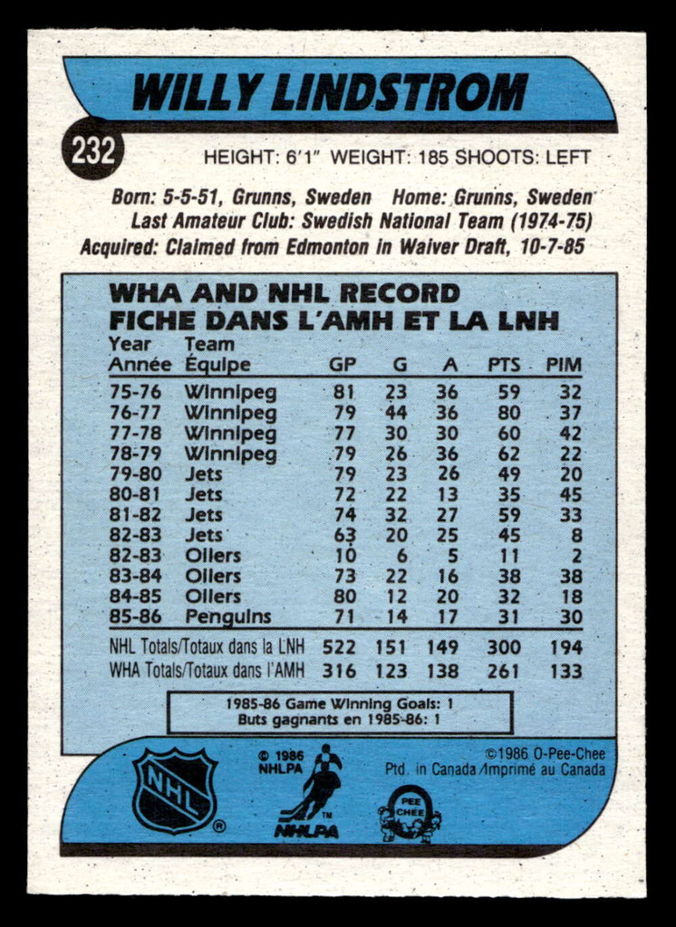 1986-87 O-Pee-Chee #232 Willy Lindstrom Ex-Mint OPC 