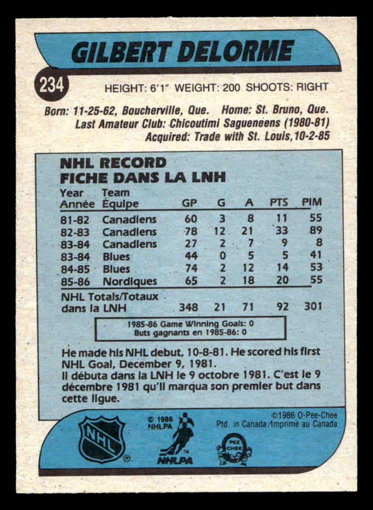 1986-87 O-Pee-Chee #234 Gilbert Delorme Near Mint OPC 