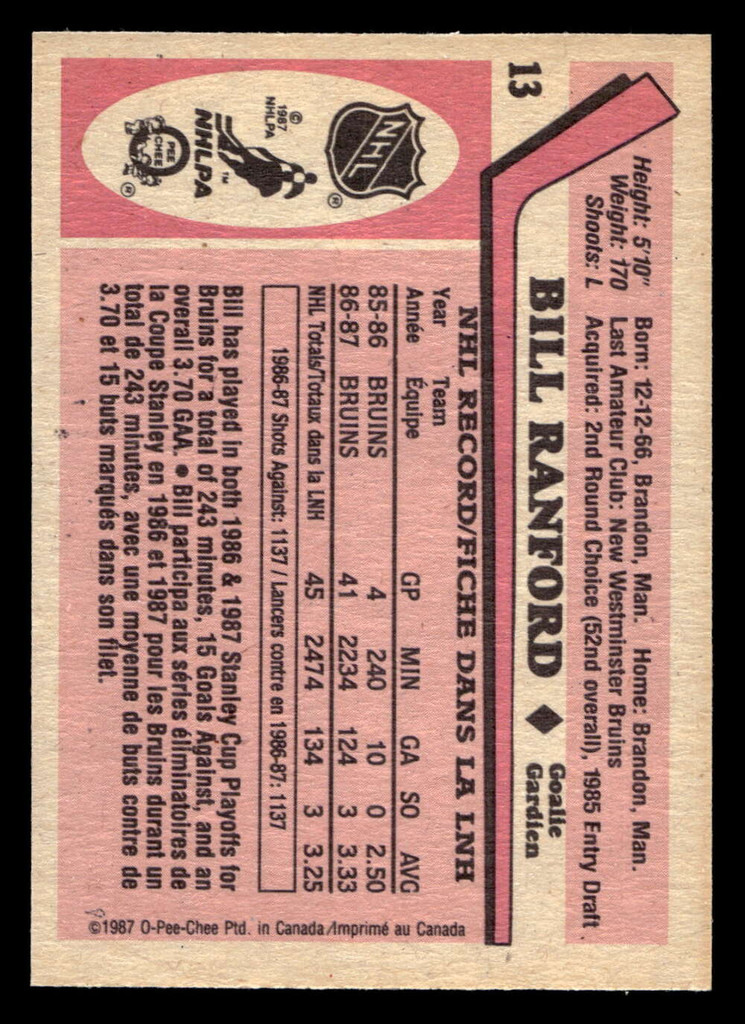 1987-88 O-Pee-Chee #13 Bill Ranford UER Very Good RC Rookie OPC 