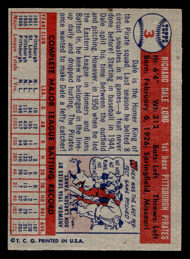 1957 Topps #3 Dale Long Excellent+  ID: 511754