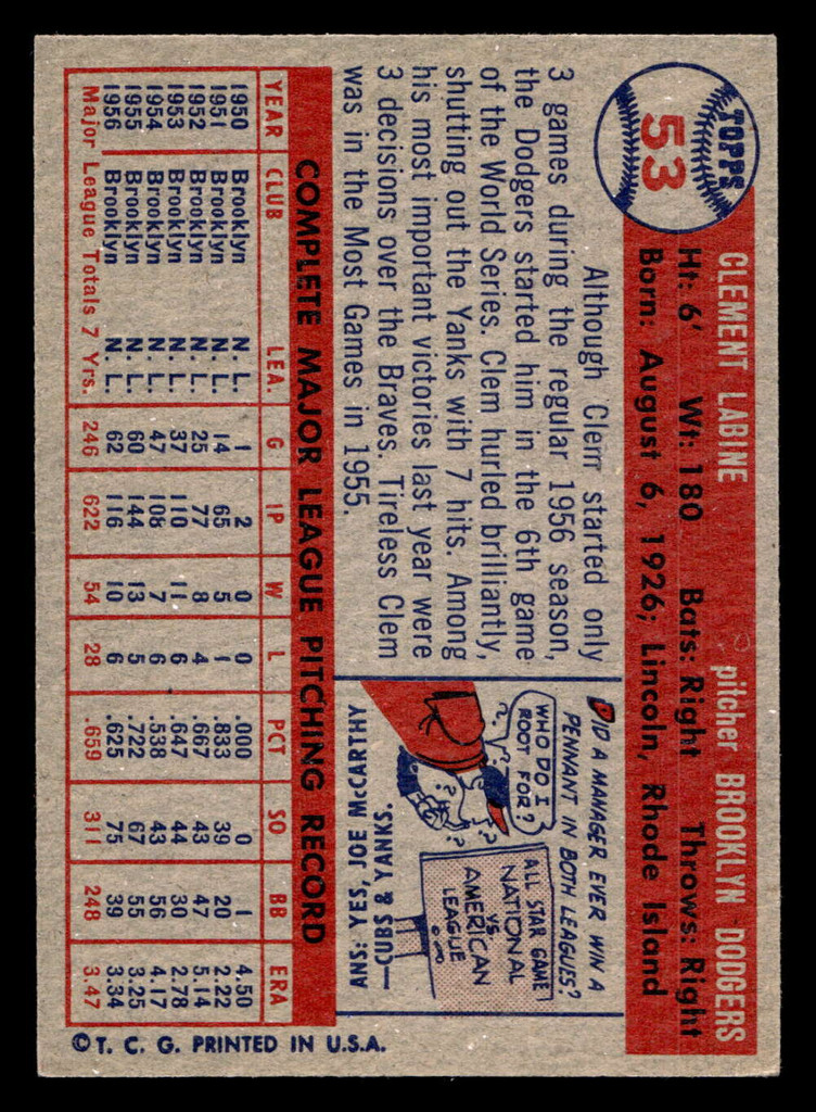 1957 Topps #53 Clem Labine Ex-Mint  ID: 511761