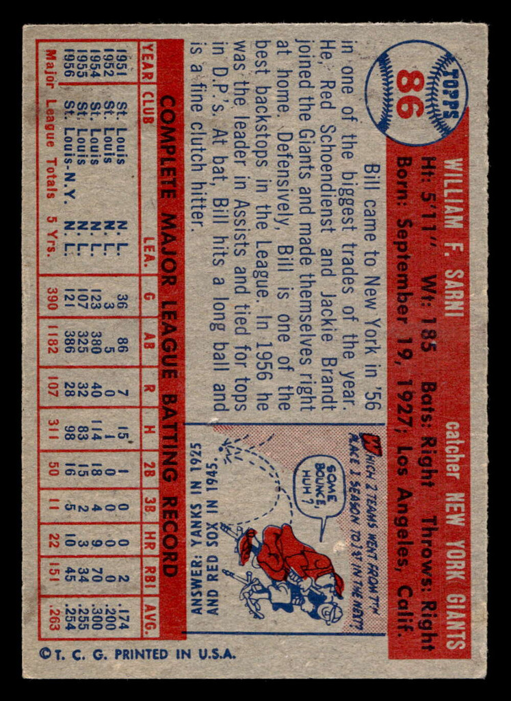 1957 Topps #86 Bill Sarni VG-EX 