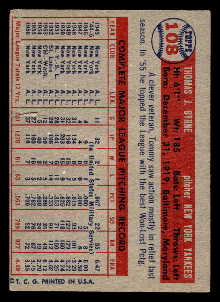 1957 Topps #108 Tommy Byrne Poor 