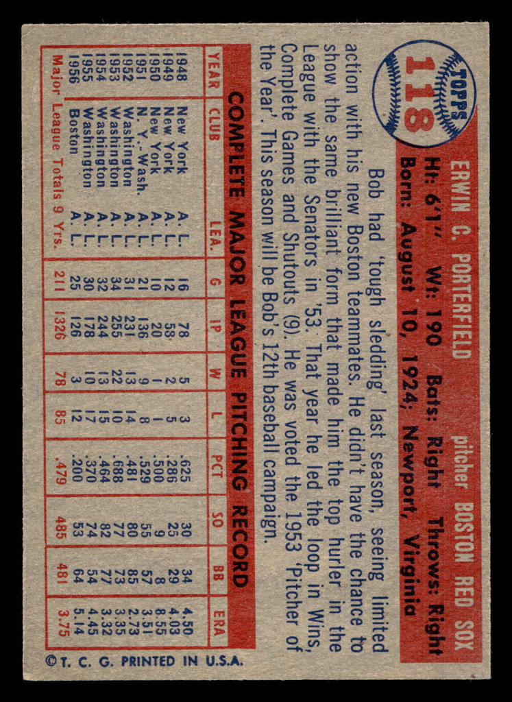 1957 Topps #118 Bob Porterfield Excellent+  ID: 511776