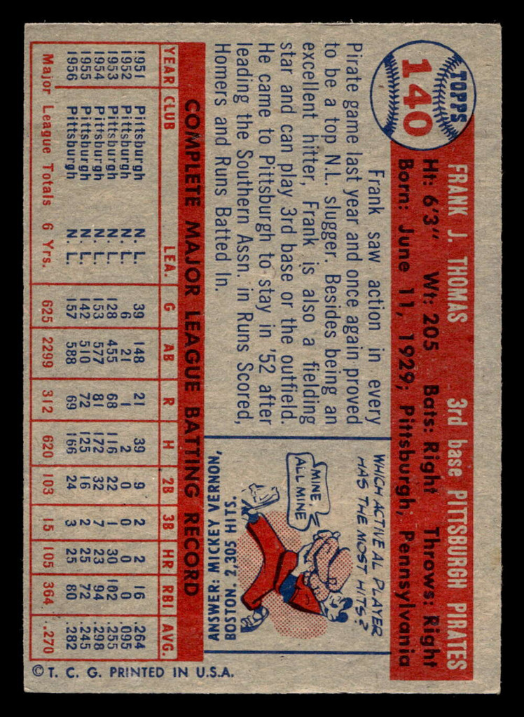 1957 Topps #140 Frank Thomas Very Good  ID: 511778