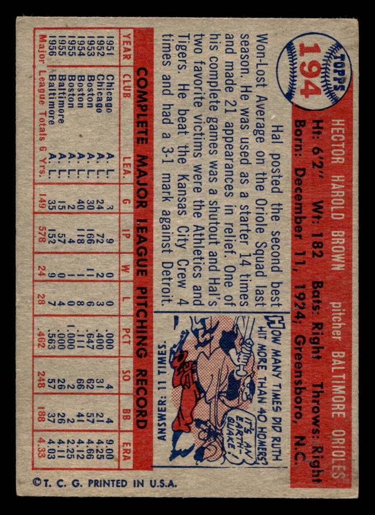 1957 Topps #194 Hal Brown Excellent  ID: 511790