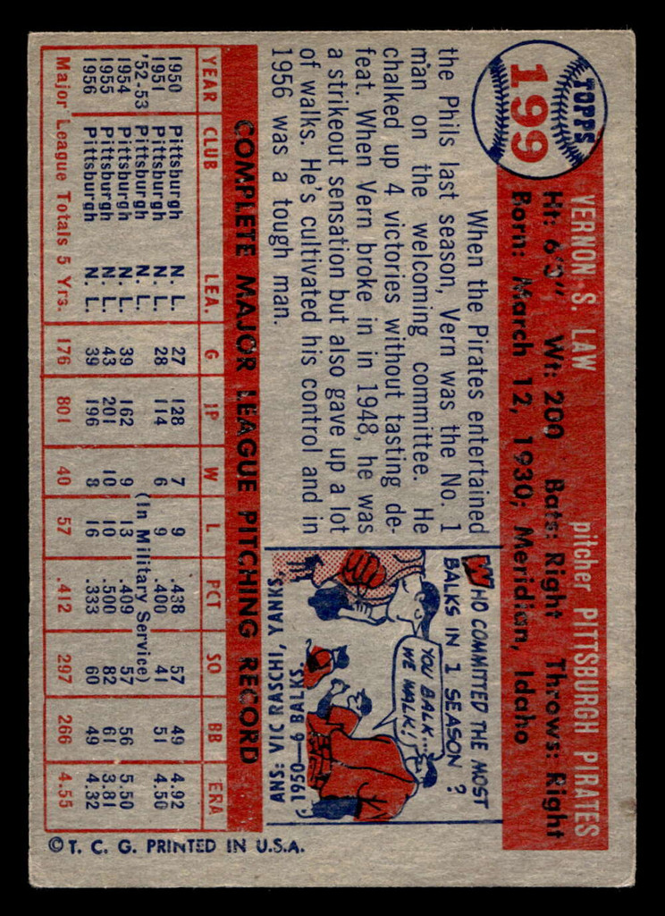1957 Topps #199 Vern Law Very Good  ID: 511793