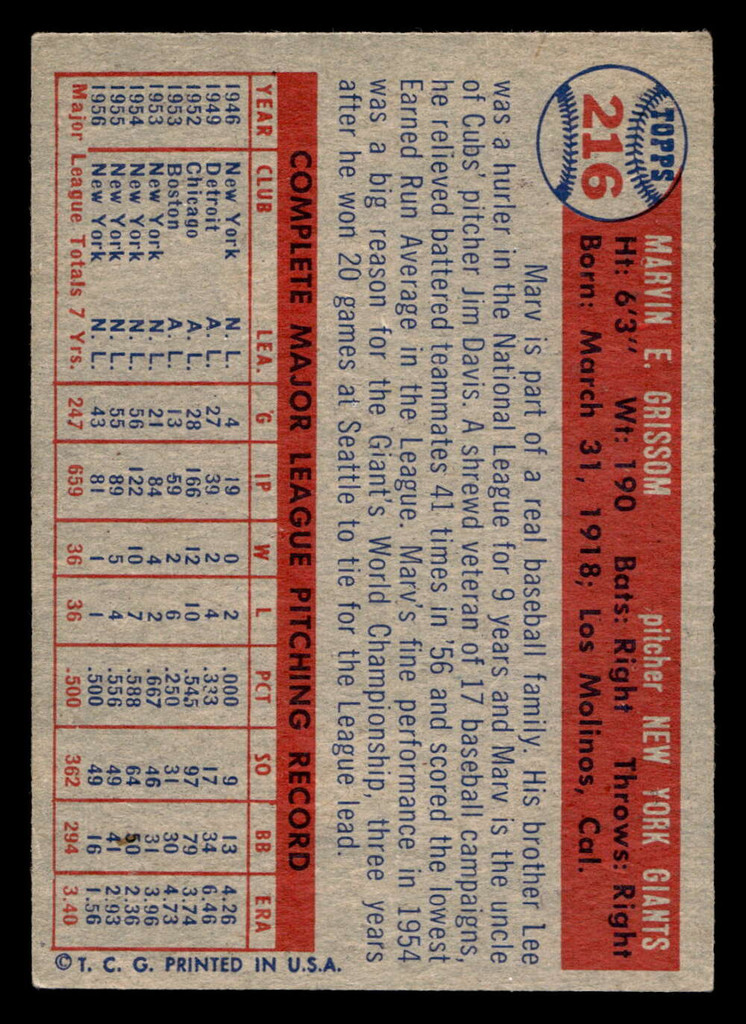 1957 Topps #216 Marv Grissom Excellent+  ID: 511798