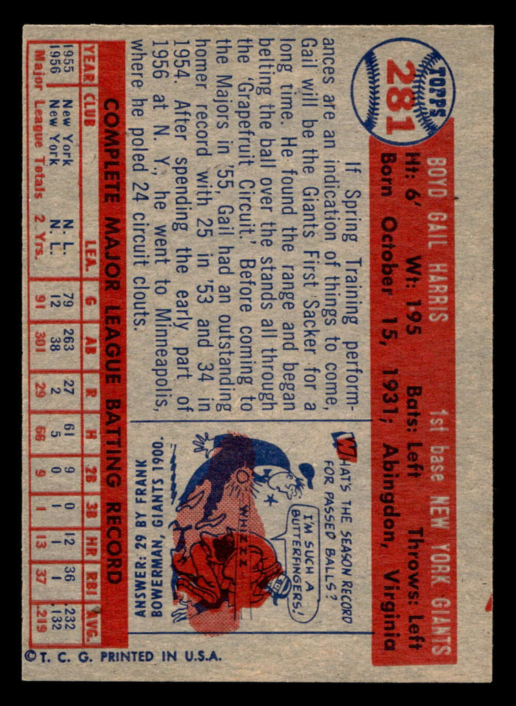 1957 Topps #281 Gail Harris Excellent+  ID: 511815