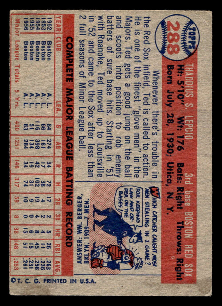 1957 Topps #288 Ted Lepcio Excellent  ID: 511817