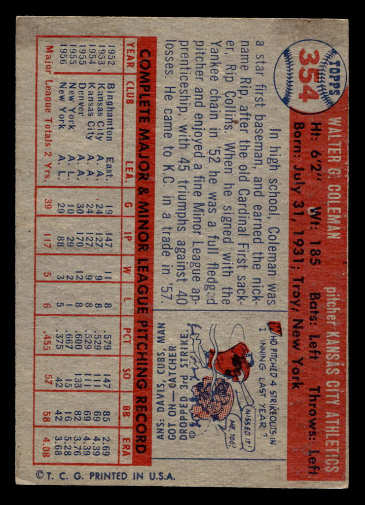 1957 Topps #354 Rip Coleman UER Excellent RC Rookie  ID: 511832