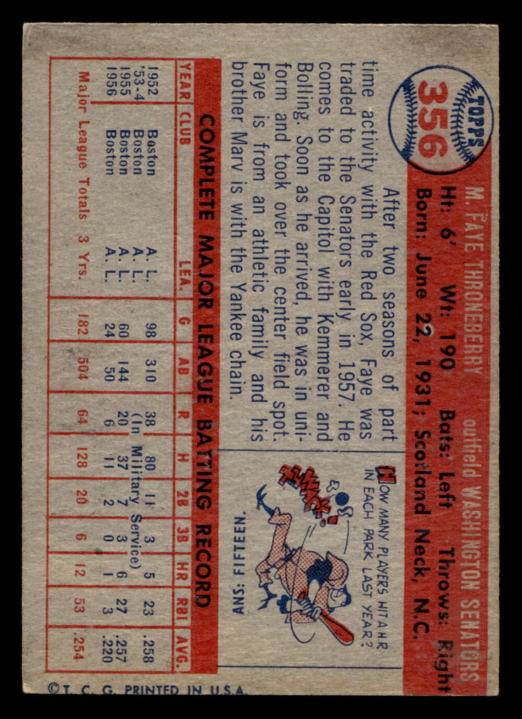 1957 Topps #356 Faye Throneberry Excellent  ID: 511833
