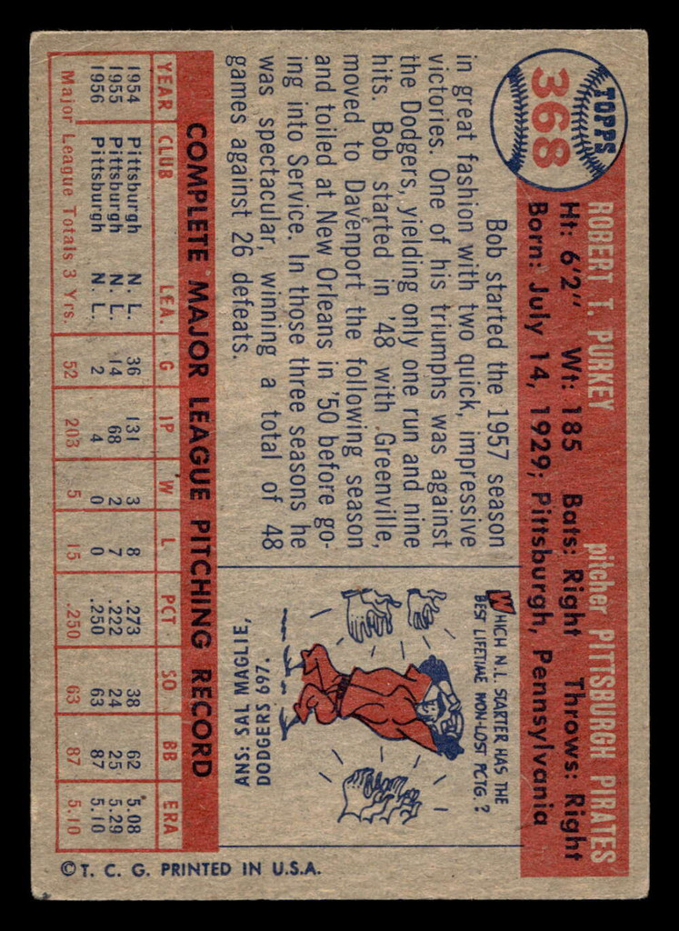 1957 Topps #368 Bob Purkey Excellent  ID: 511842