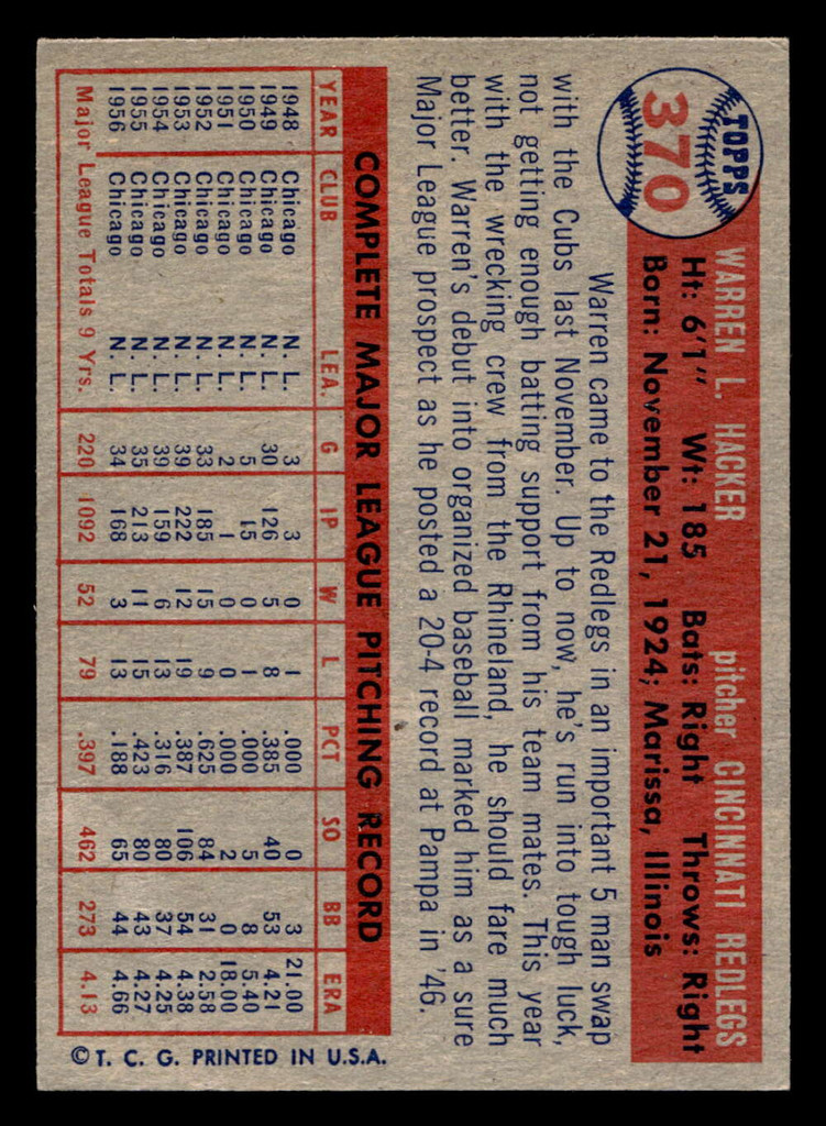 1957 Topps #370 Warren Hacker Excellent+  ID: 511844