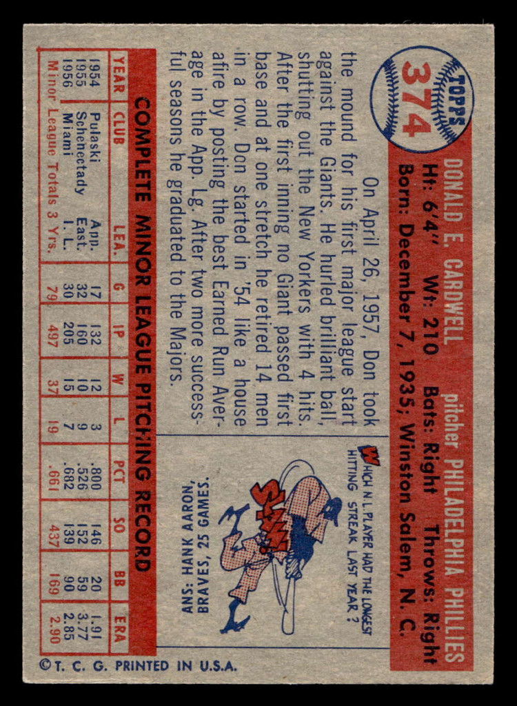 1957 Topps #374 Don Cardwell Excellent+ RC Rookie  ID: 511848