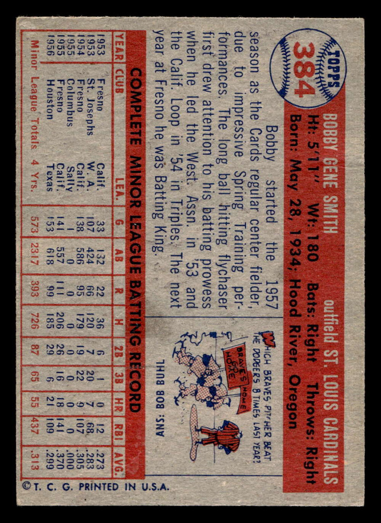 1957 Topps #384 Bobby Gene Smith Very Good RC Rookie  ID: 511849