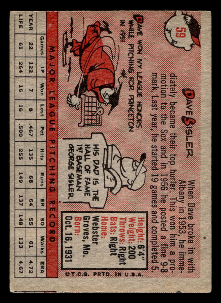 1958 Topps #59 Dave Sisler Excellent  ID: 511866