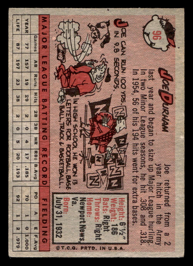 1958 Topps #96 Joe Durham Very Good RC Rookie  ID: 511871