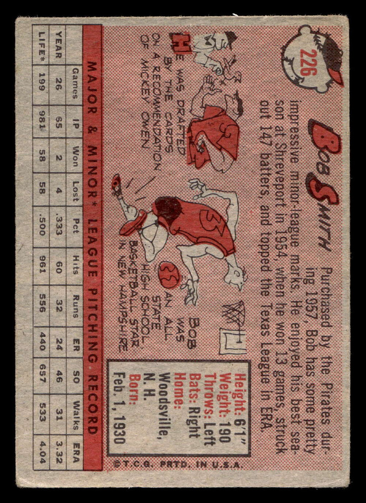1958 Topps #226 Bob Smith UER Very Good RC Rookie  ID: 511892
