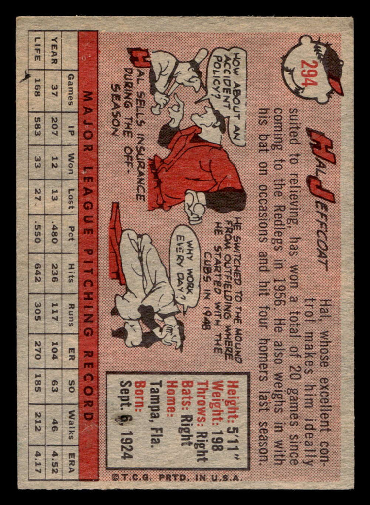 1958 Topps #294 Hal Jeffcoat Excellent 