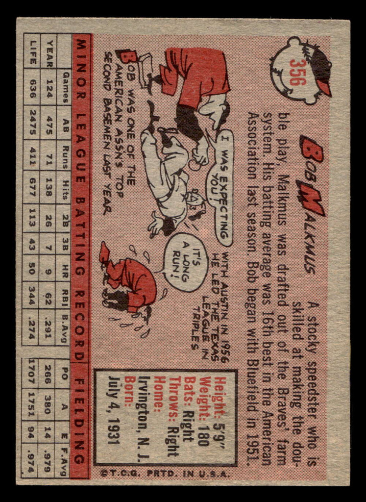 1958 Topps #356 Bobby Malkmus Very Good RC Rookie  ID: 511932