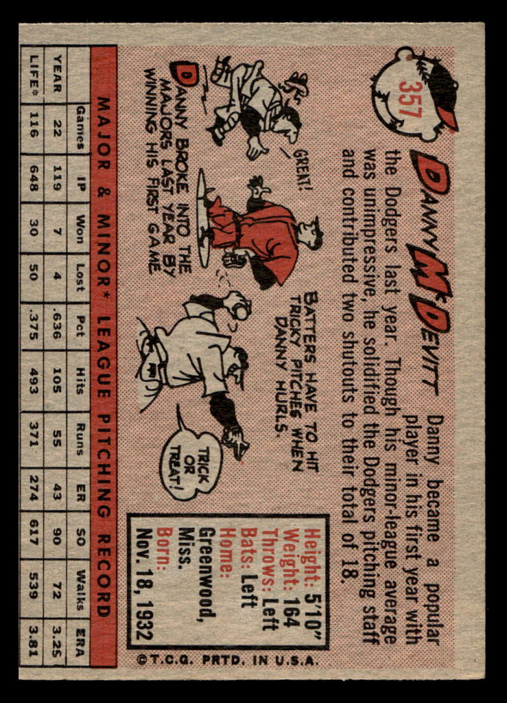 1958 Topps #357 Danny McDevitt Excellent RC Rookie  ID: 511934