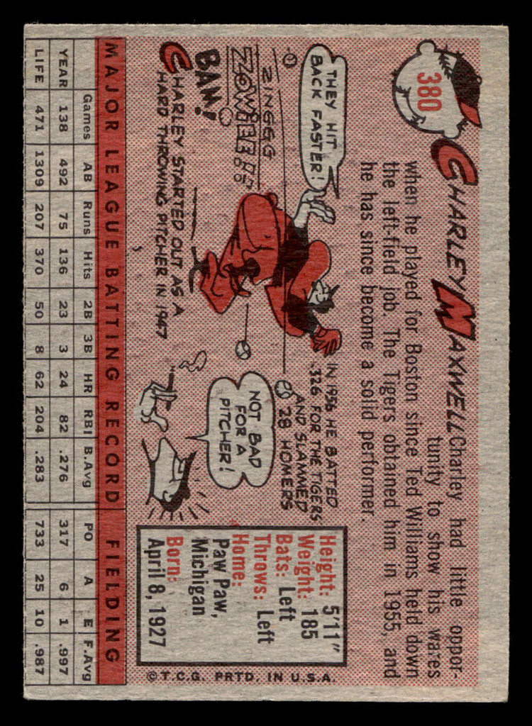 1958 Topps #380 Charlie Maxwell Excellent+  ID: 511941