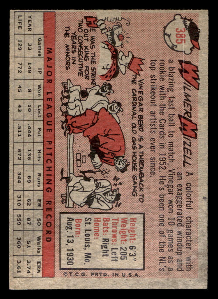 1958 Topps #385 Wilmer Mizell Very Good  ID: 511942