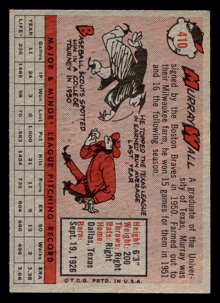 1958 Topps #410 Murray Wall Ex-Mint 