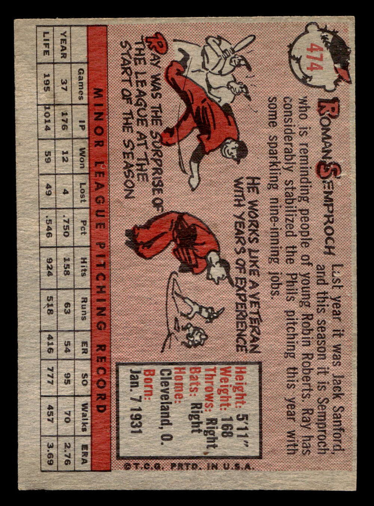 1958 Topps #474 Ray Semproch Good RC Rookie 
