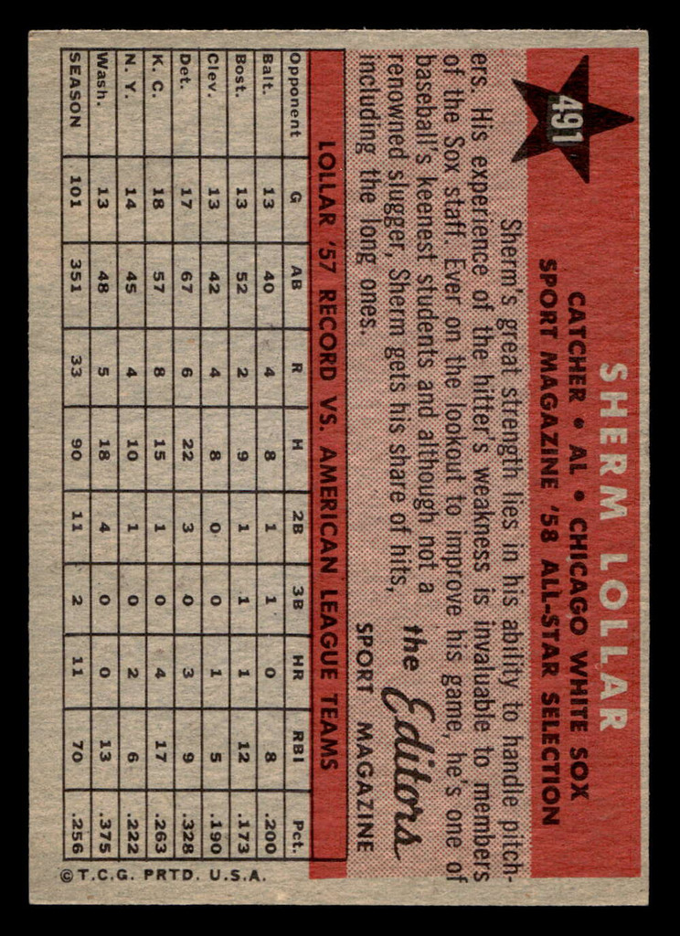 1958 Topps #491 Sherm Lollar AS Near Mint 