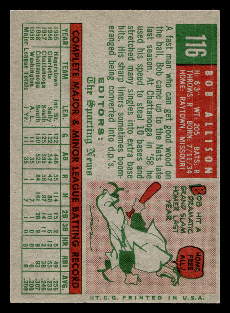 1959 Topps #116 Bob Allison Excellent+ RC Rookie  ID: 511990