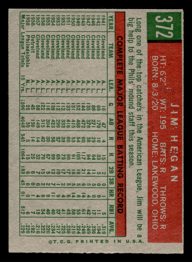 1959 Topps #372 Jim Hegan Excellent+ 