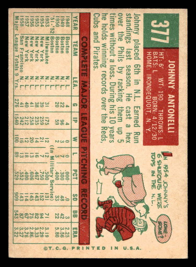1959 Topps #377 Johnny Antonelli Excellent+  ID: 512110