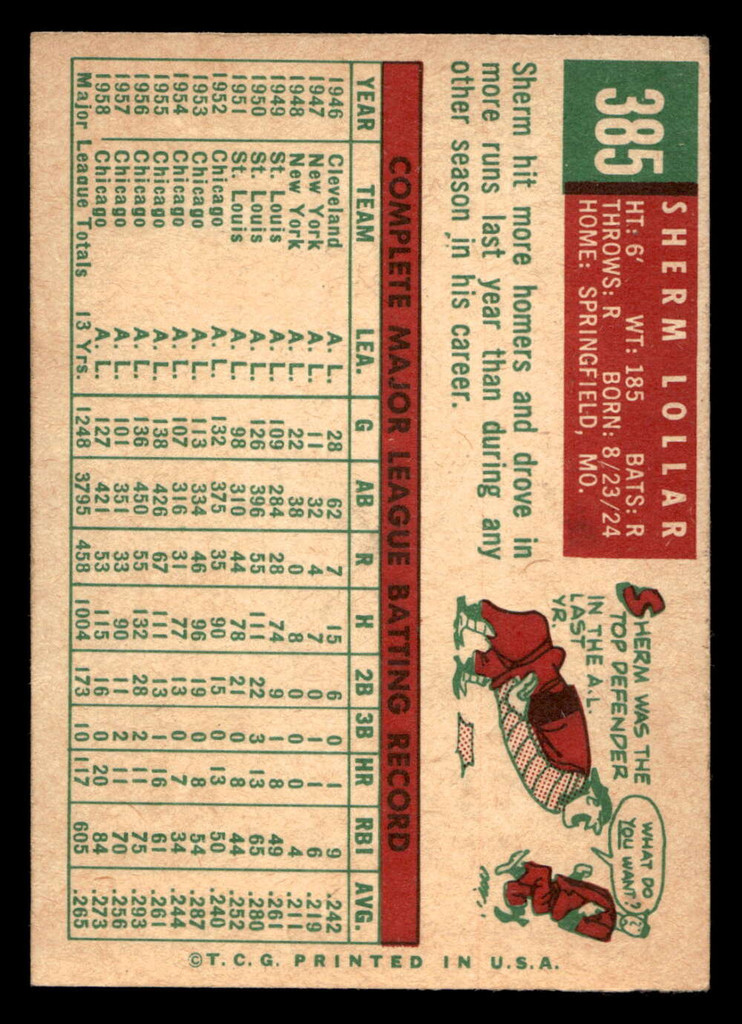 1959 Topps #385 Sherm Lollar Ex-Mint  ID: 512120
