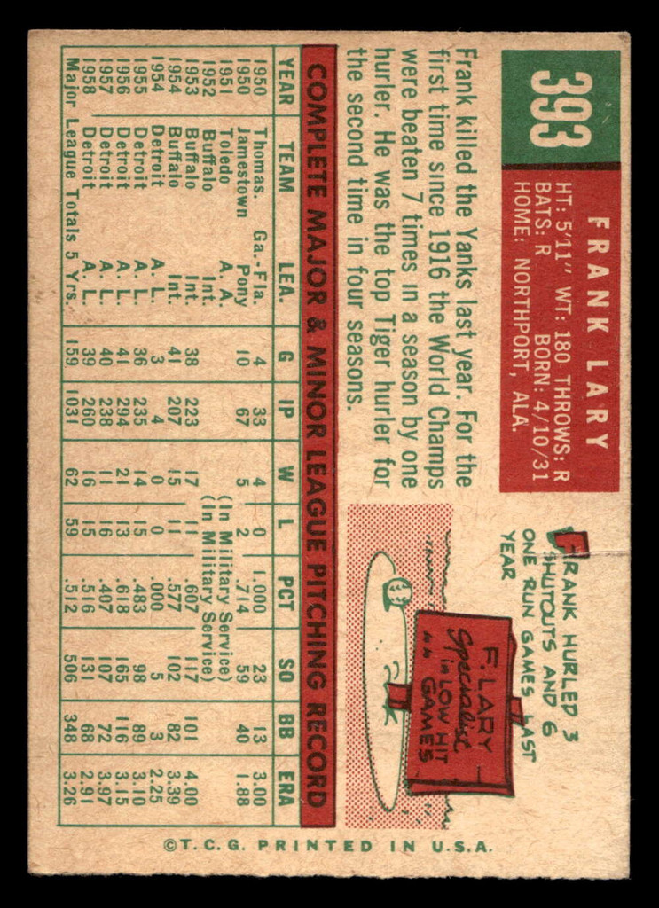 1959 Topps #393 Frank Lary UER Very Good  ID: 512125
