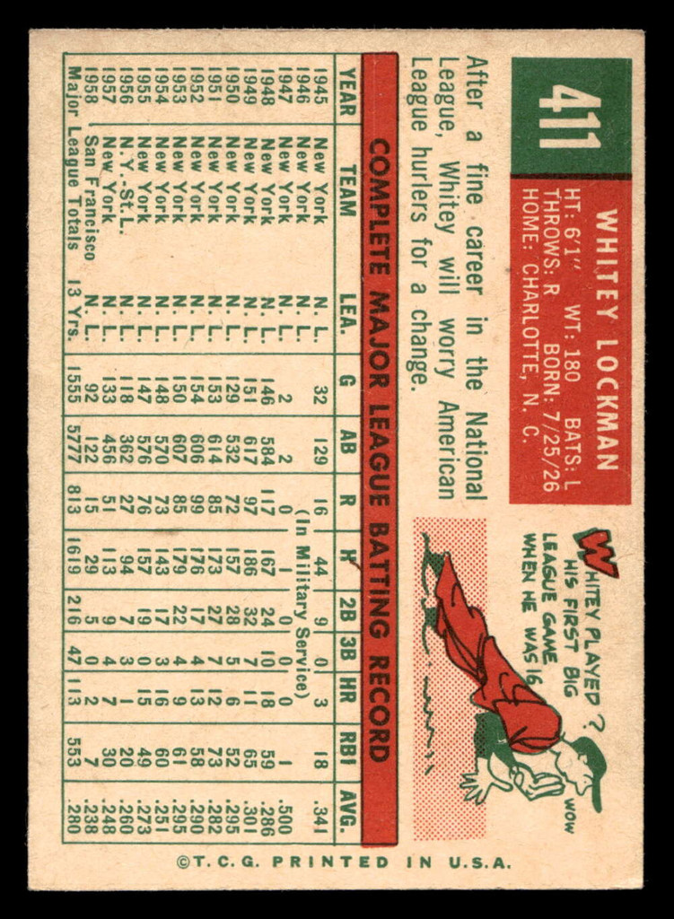 1959 Topps #411 Whitey Lockman UER Excellent+  ID: 512146