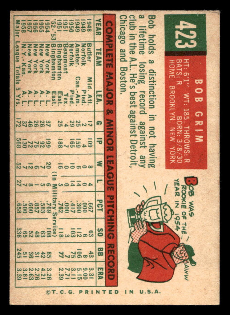 1959 Topps #423 Bob Grim Excellent+  ID: 512158