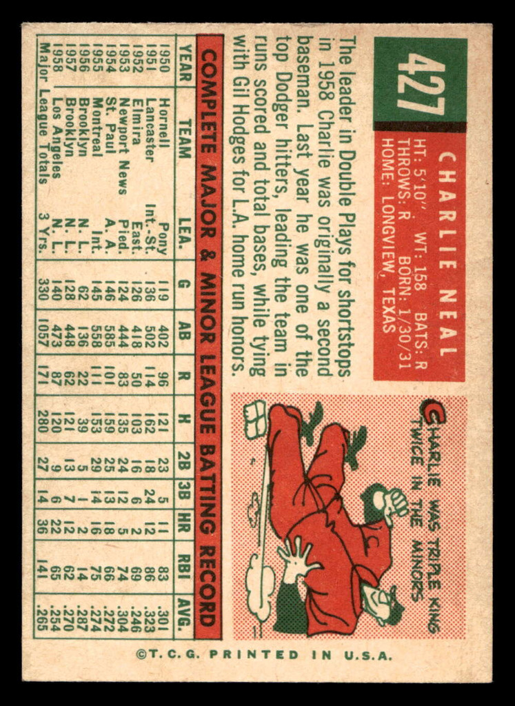 1959 Topps #427 Charlie Neal Ex-Mint  ID: 512161