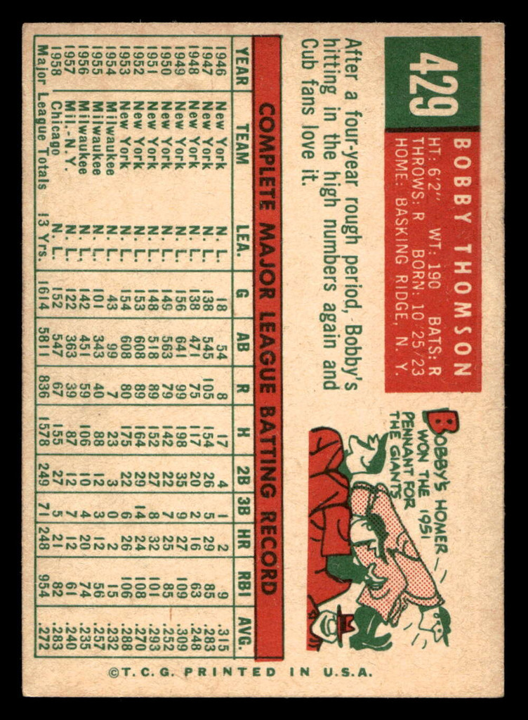 1959 Topps #429 Bobby Thomson Excellent+  ID: 512163