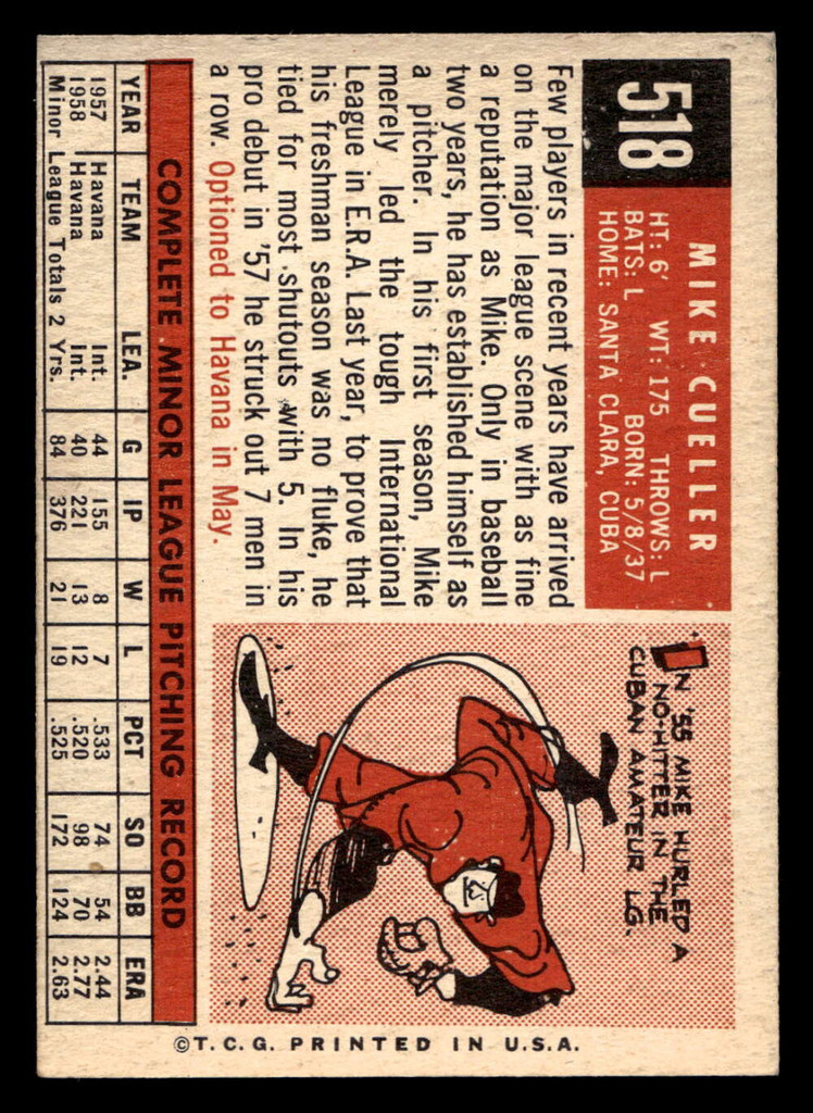 1959 Topps #518 Mike Cuellar UER Excellent RC Rookie Miscut 