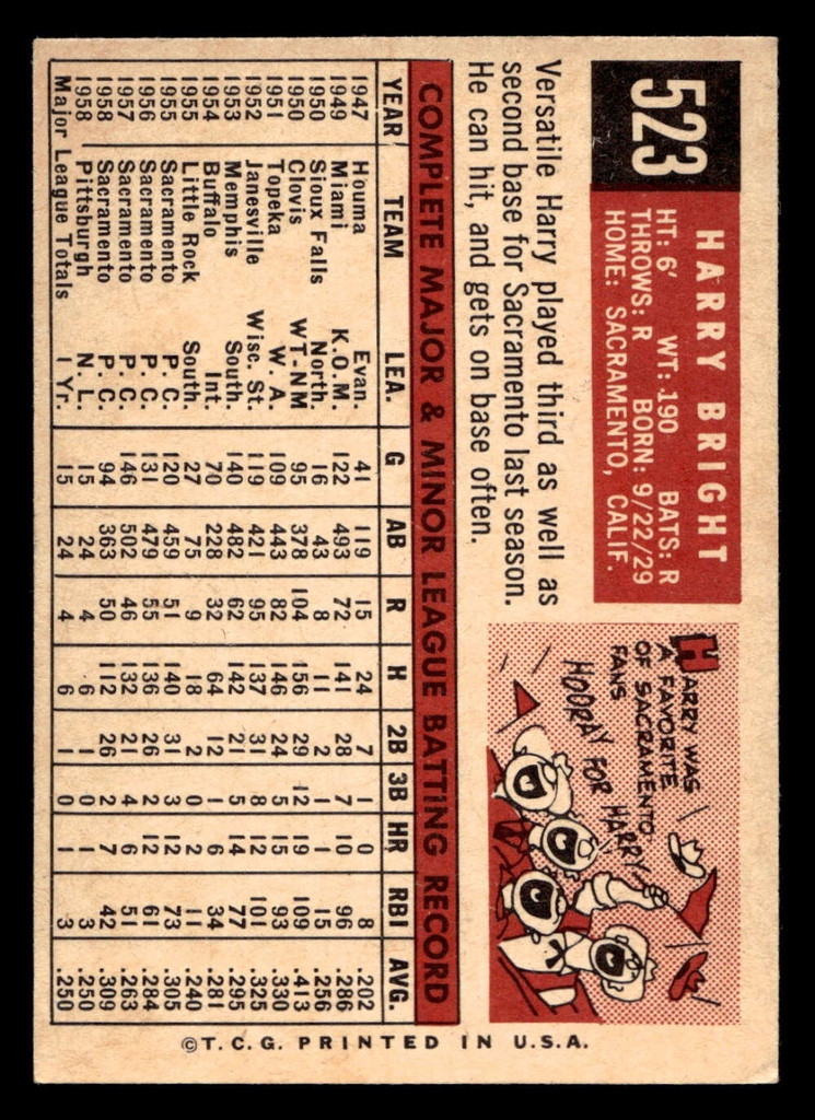 1959 Topps #523 Harry Bright Excellent RC Rookie  ID: 512213