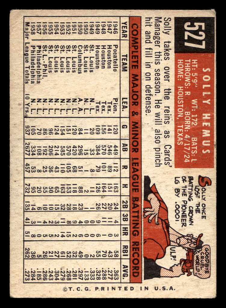1959 Topps #527 Solly Hemus Very Good  ID: 512215